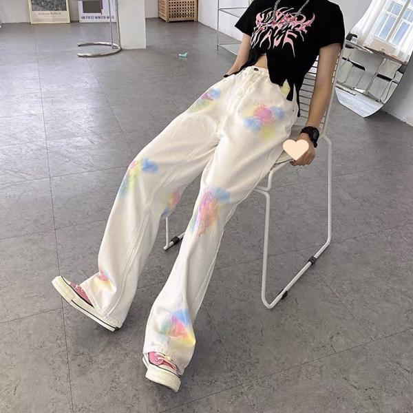 360Home Damen Gerade Weite Loose-Fit Tie-Dye Jeans Weiß